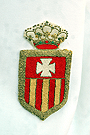 Escudo mercedario sobre el antifaz de los nazarenos de la Hermandad del Transporte