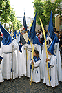 Nazareno portando el Banderín de la Federación Lasaliana Andaluza de la Hermandad de Cristo Rey en su Triunfal Entrada en Jerusalén