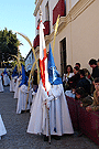 Nazareno portando la Bandera del Señor de la Hermandad de Cristo Rey en su Triunfal Entrada en Jerusalén