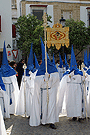 Nazareno portando el Banderín del Colegio Buen Pastor - La Salle de la Hermandad de Cristo Rey en su Triunfal Entrada en Jerusalén