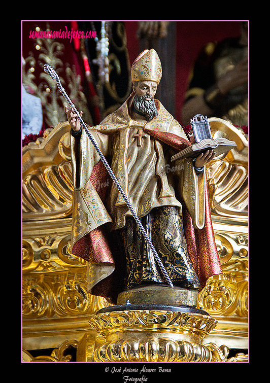 Imagen de San Agustín en el frontal de la canastilla del Paso de Misterio del Santísimo Cristo del Amor