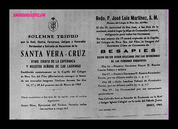 Convocatoria de Cultos de la Hermandad de la Vera-Cruz (año 1965).