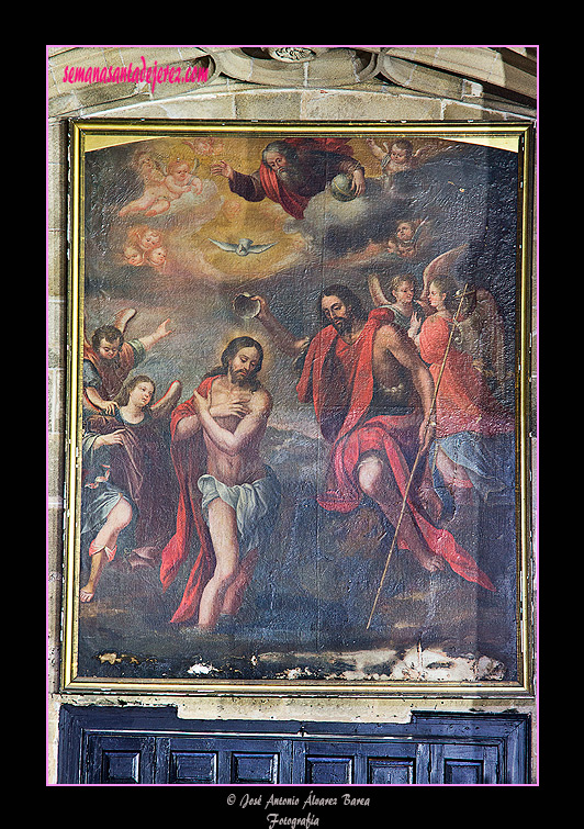 Lienzo del Bautismo de Cristo en el Jordán, basado en una estampa de Cornelius Cort (Capilla Bautismal - Iglesia de San Miguel)
