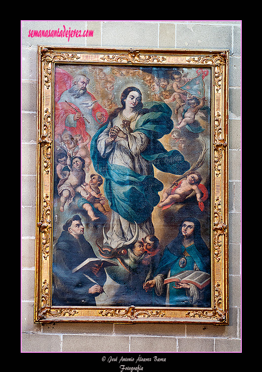 Pintura de La Inmaculada acompañada de Dios Padre, Duns Scotto y Sor María de Agreda, realizada por Miguel de Luna en 1777 (Nave de la Epístola, junto a la Capilla Bautismal - Iglesia de San Miguel)