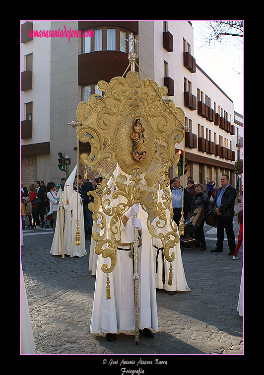 Nazareno portando el Simpecado de la Hermandad del Transporte