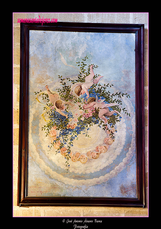 Techo del anterior palio de Nuestra Señora del Mayor Dolor pintado por el jerezano German Alvarez Algeciras a finales del siglo XIX (En la actualidad se encuentra colgado al final de la nave de Nuestra Señora del Mayor Dolor en la Iglesia de San Dionisio).