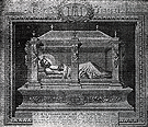 Litografía del siglo XIX en la que aparece representado el Santo Entierro del Cristo del Calvario. El sepulcro de finales del siglo XVII de Laureano de Pina descansa sobre una pequeña "urna" labrada, al uso de la época (De la colección de estampas y grabados de D. José Soto Molina)